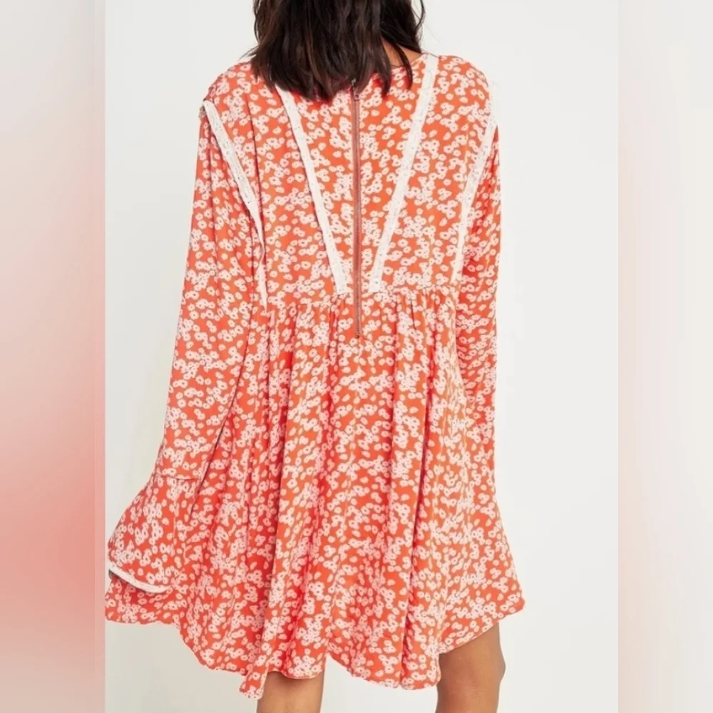 FREE PEOPLE Orange Floral Ruffle Dress Size Large - Picture 3 of 7
